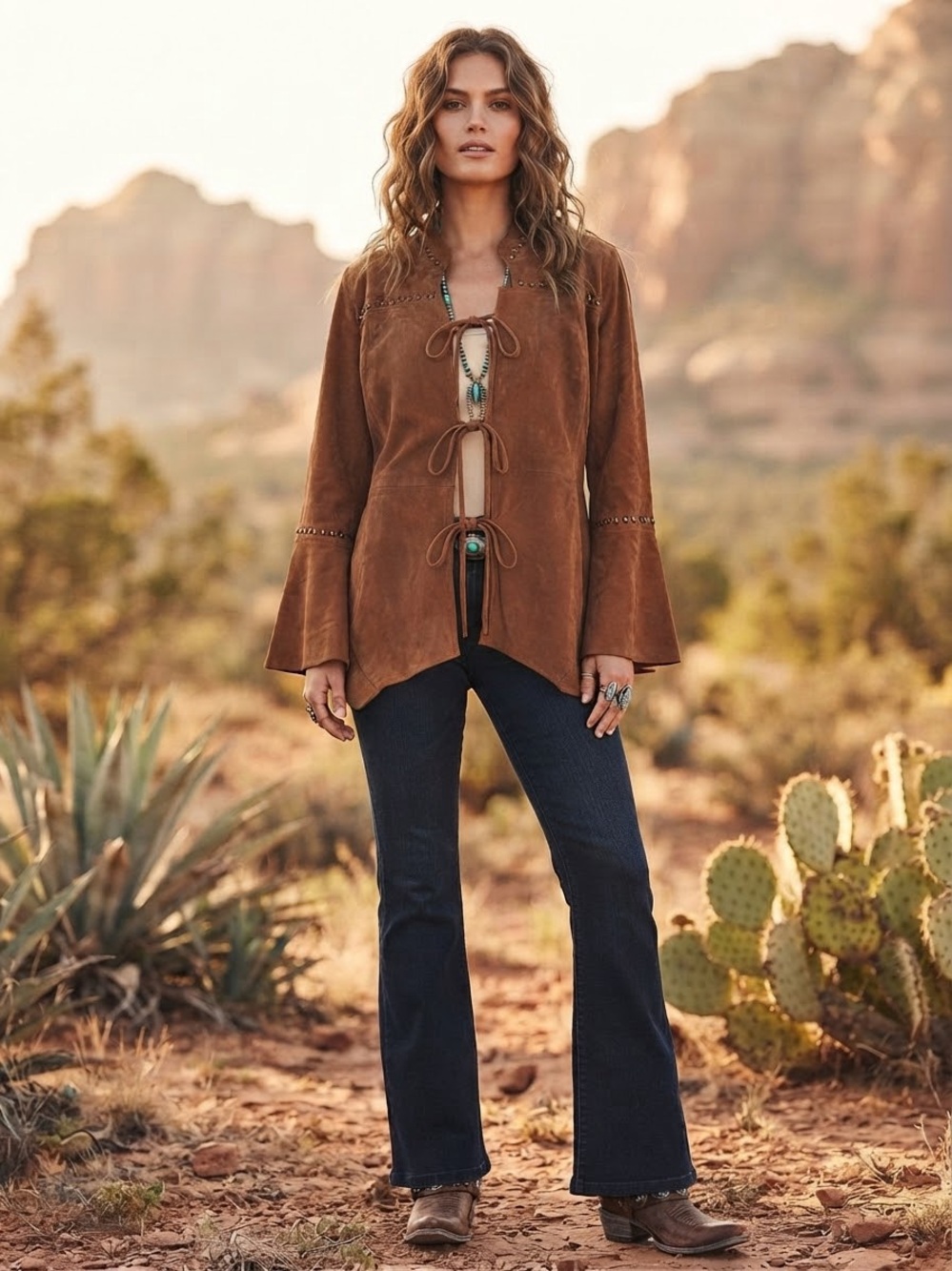 Brown Suede Hippie Chic Tie-Front Jacket with Grommet Details & Bell Sleeves